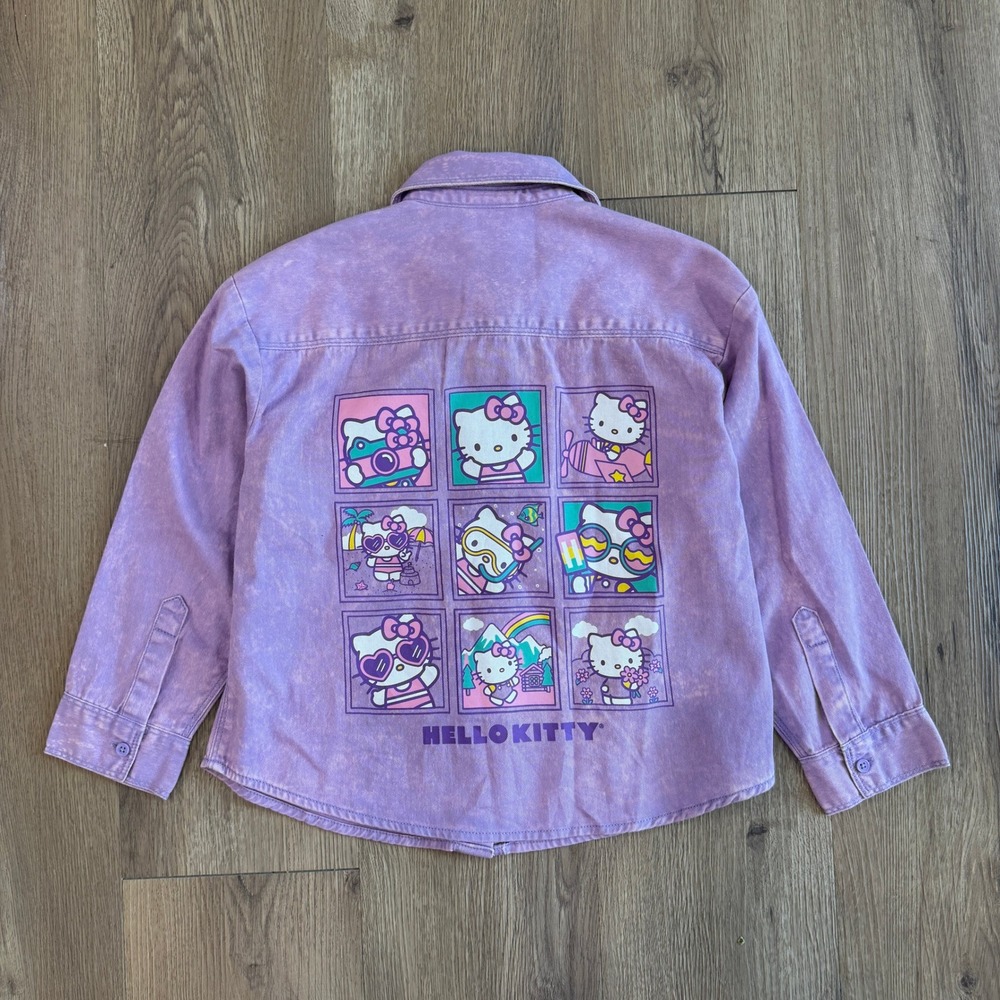 Hello Kitty Sanrio Purple Acid Wash Denim Button Down Shirt Kids Small EUC